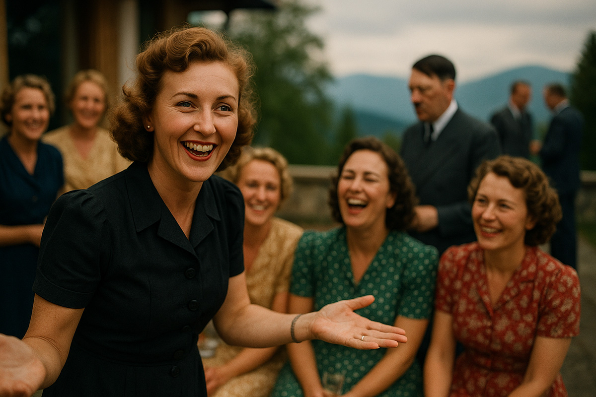 History of Eva Braun: Color photo of her entertaining guests at Berghof with Hitler in the background