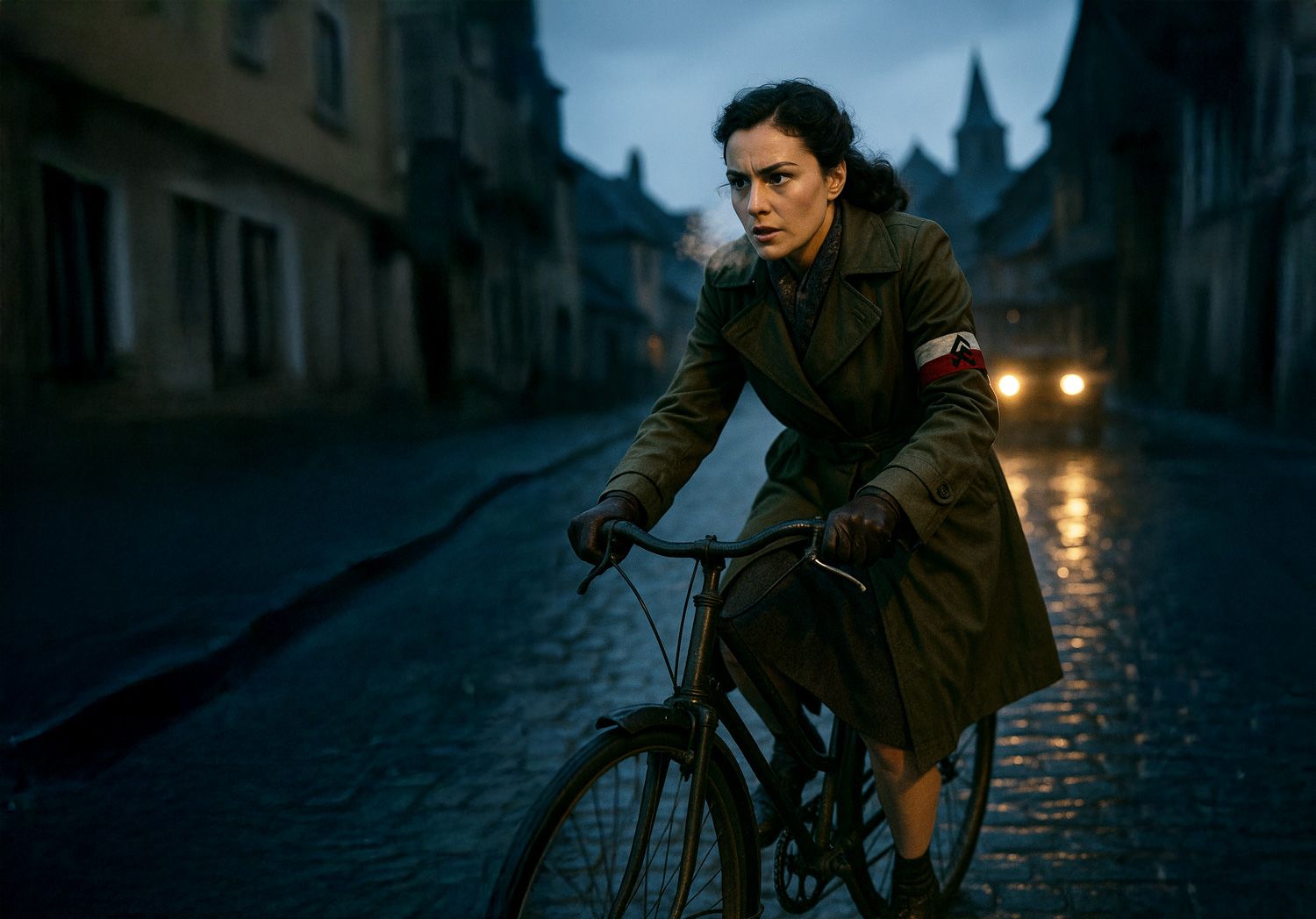 Nancy Wake cycling at dusk hiding from Gestapo